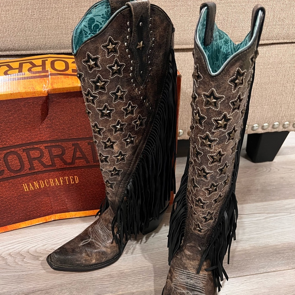 Corral Brown Star Fringe Boots C4083 size 8.5 $349 Cowboy Western Boots
